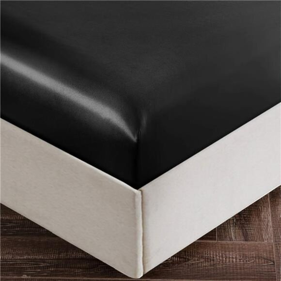 4Pcs Satin Sheet Set Queen Size Ultra Silky Soft Black Satin Queen Bed Sheets - Picture 4 of 7